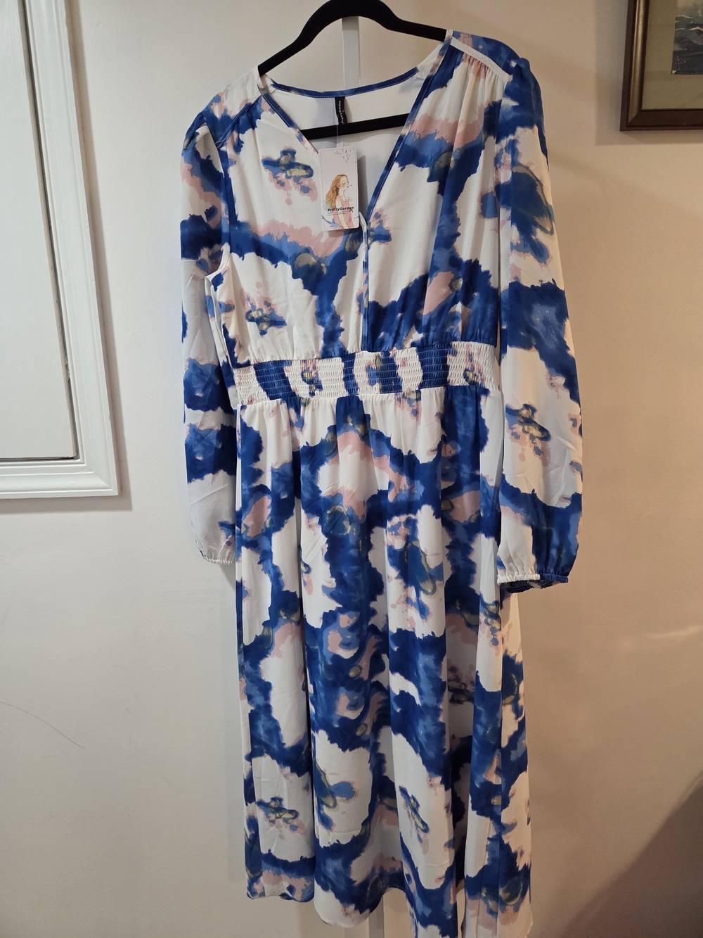 Blue and White Watercolor Floral Midi Dress with Smocked Waist